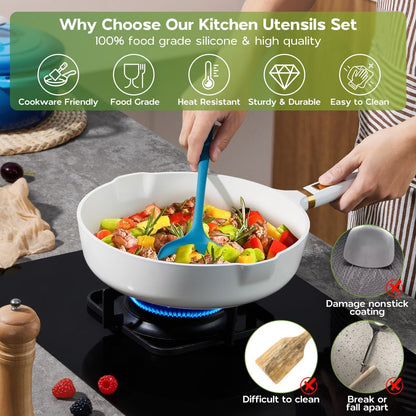 Onader Silicone Cooking Utensils Set of 10, Kitchen Utensils for Nonstick Cookware, Heat Resistant & Nontoxic Spatula Set- Khaki