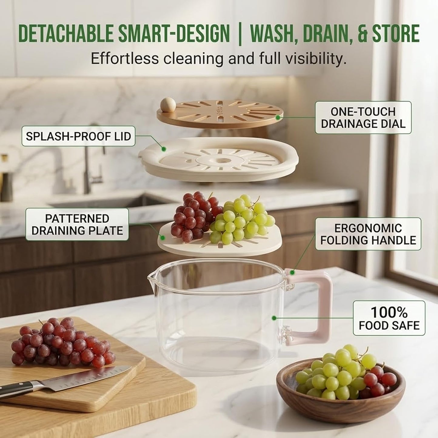 2-in-1 Fruit Washing Bowl with Strainer & Lid, Berry Container for Fridge, Plastic Produce Saver Drain Basket with Handle, Fruit Storage Container & Colander Bowl for Berries, Grapes, Lettuce