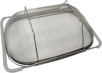 AJIODA Over The Sink Colander, 4 Quarts Stainless Steel Oval Colander with Expandable Rubber Grip Handle, Fine Mesh Strainer Baskets Kitchen Colanders for Strain, Drain, Rinse Vegetable, Fruits, Black