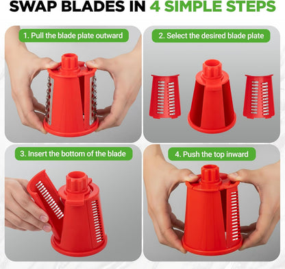 NutriChef 5 in 1 Cheese Grater & Shredder | 5 Different Blades for Thin, Thick, Julienne Strips, Wavy, & Straight Strips | Includes Hand Crank, Strong Suction Base & Storage Container | Black