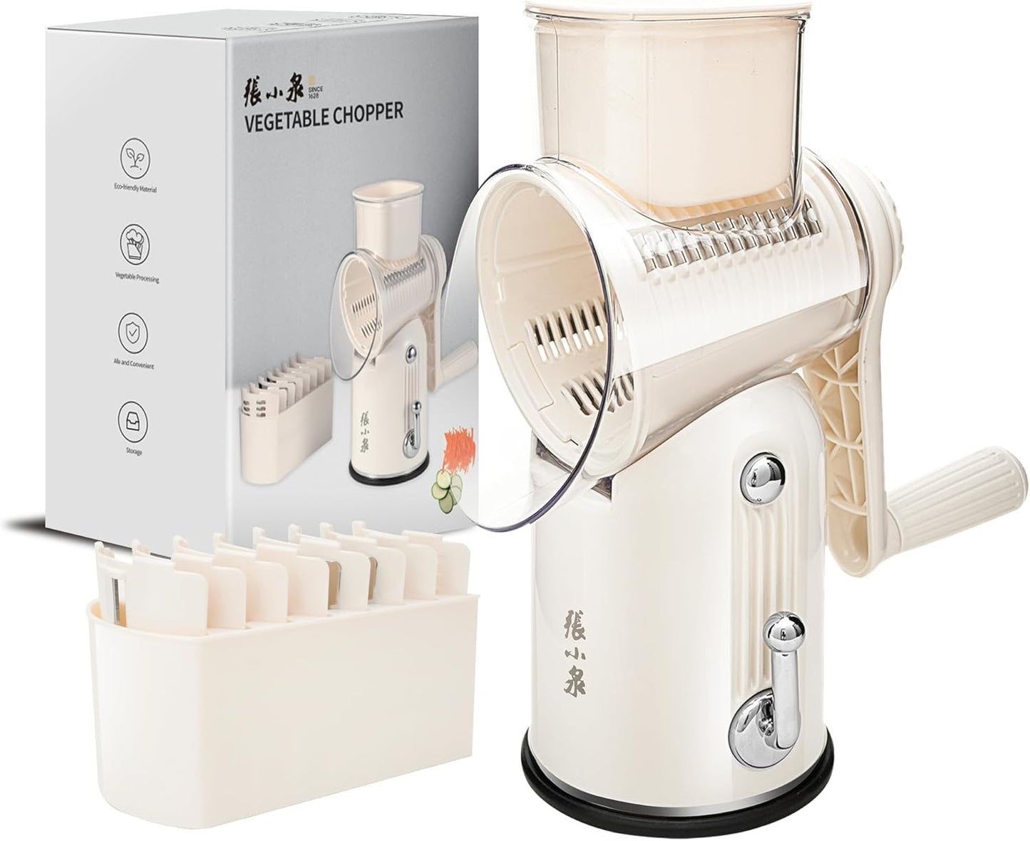 Rotary Cheese Grater Manual Hand Crank with 5 Blades & Suction Base, Kitchen Vegetable Shredder Slicer for Veggie, Nuts, Fruit, Cream