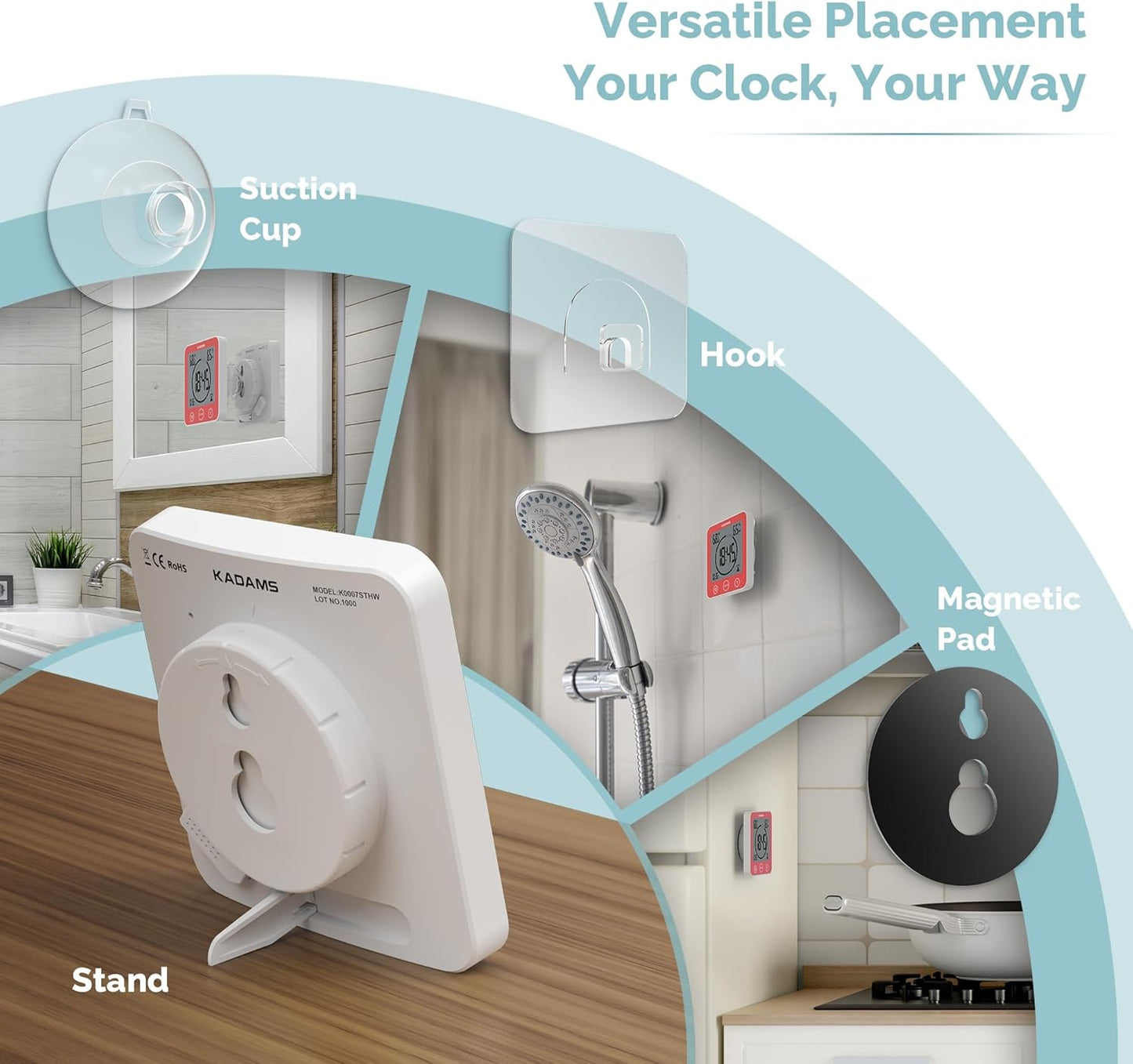 KADAMS Shower Clock Waterproof Bathroom Timer – Digital Wall Clock with Countdown, Magnetic Kitchen Clock with Temperature & Humidity, Suction Cup for Kids Shower Spa Cook Bath (Black)