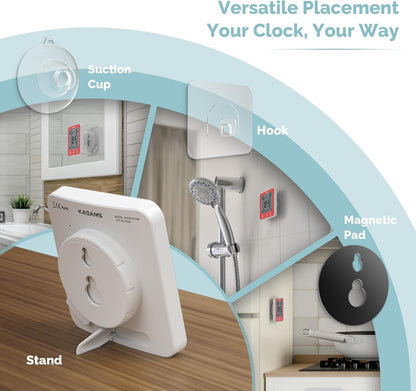 KADAMS Shower Clock Waterproof Bathroom Timer – Digital Wall Clock with Countdown, Magnetic Kitchen Clock with Temperature & Humidity, Suction Cup for Kids Shower Spa Cook Bath (Black)