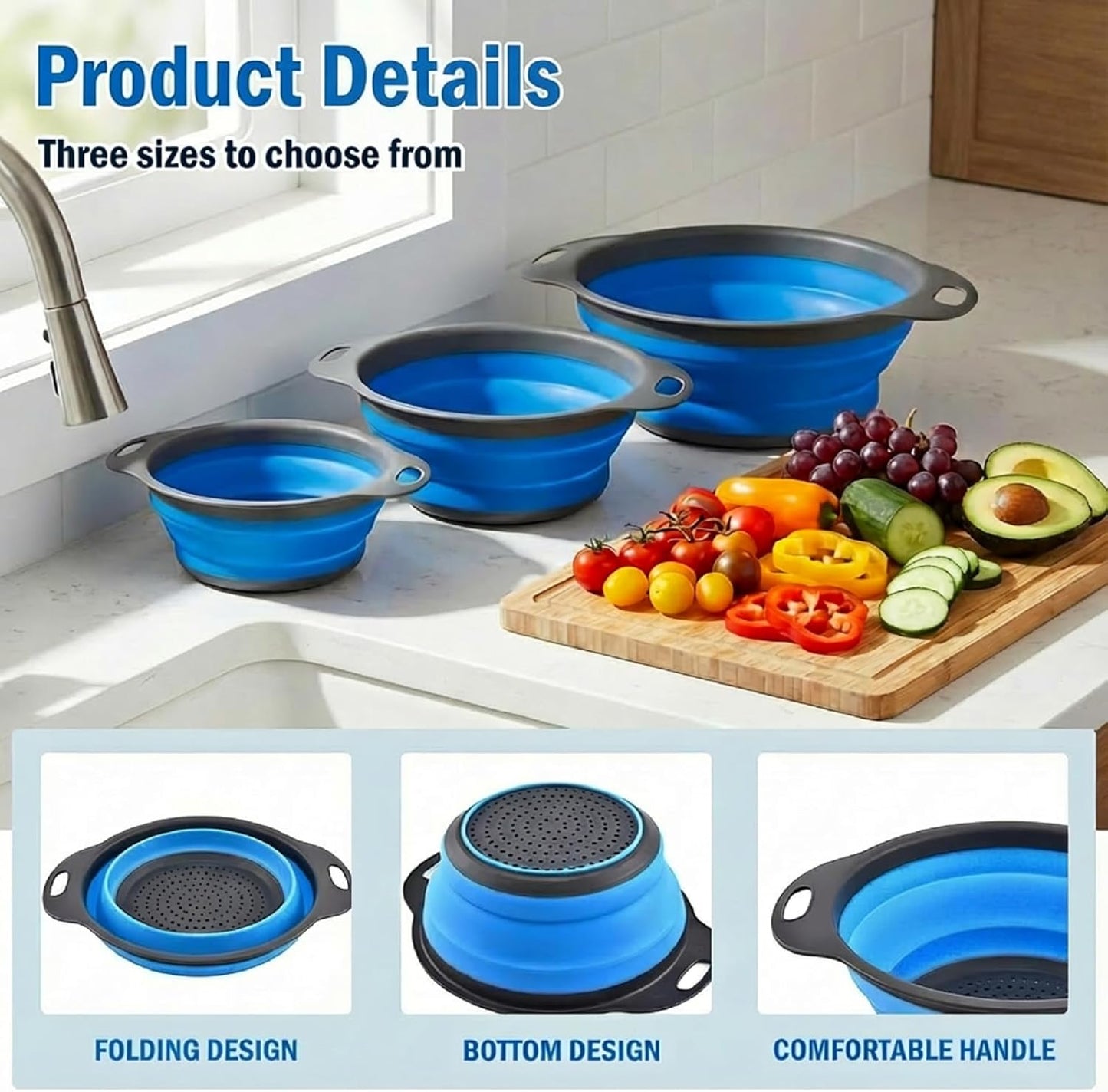 Collapsible Colander Set, Silicone Collapsible Strainers for Kitchen, Perfect for Draining Pasta, Vegetable and Fruit, Food Strainer, Dishwasher Safe (3 Pack)