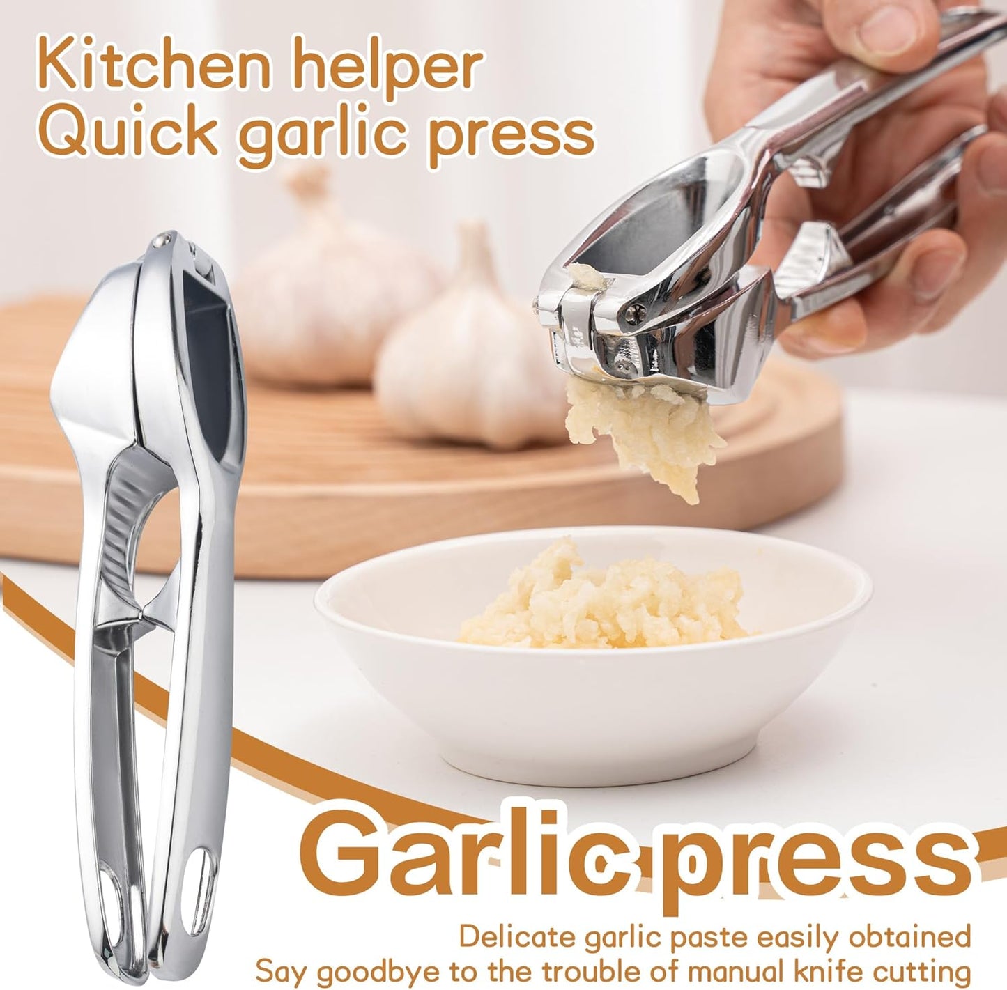 Kitchen Premium Garlic Press - Zinc Alloy Garlic Press effortlessly crushes garlic cloves, ginger chunks, nuts, and seeds. Comfortable to use and dishwasher safe.