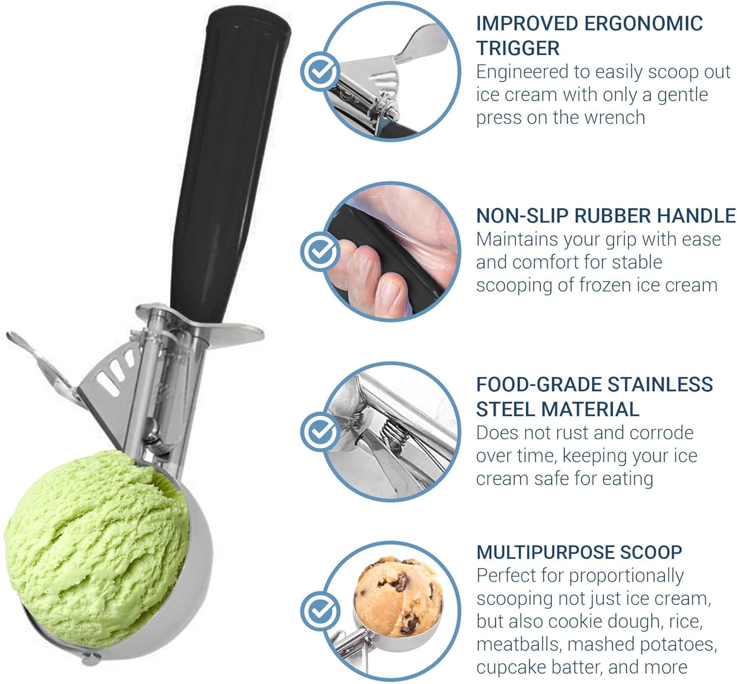 Meadow Lane Trigger Scoop - #24 Size (2-in Diameter) 2.7 Tbsp Capacity, Stainless Steel, Portion Control, Ice-cream & Cookie Dough Scoop, Black
