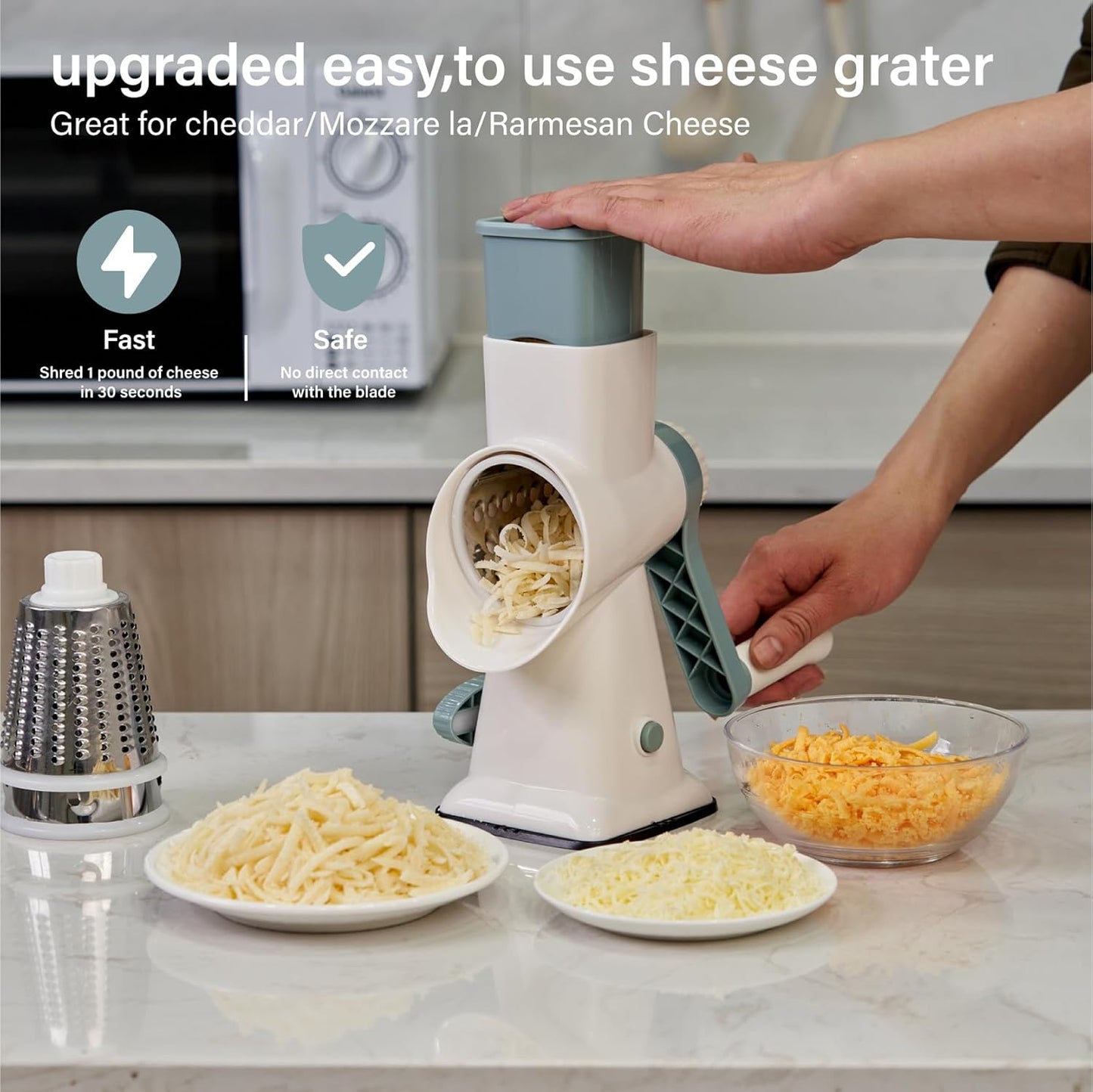 Rotary Cheese Grater hand crank 3 blades with Stronger Suction Base | Stainless Steel Blades for Fruits, Vegetables, Nuts. Dishwasher Safe & Easy to Clean, Transparent Black & Blue