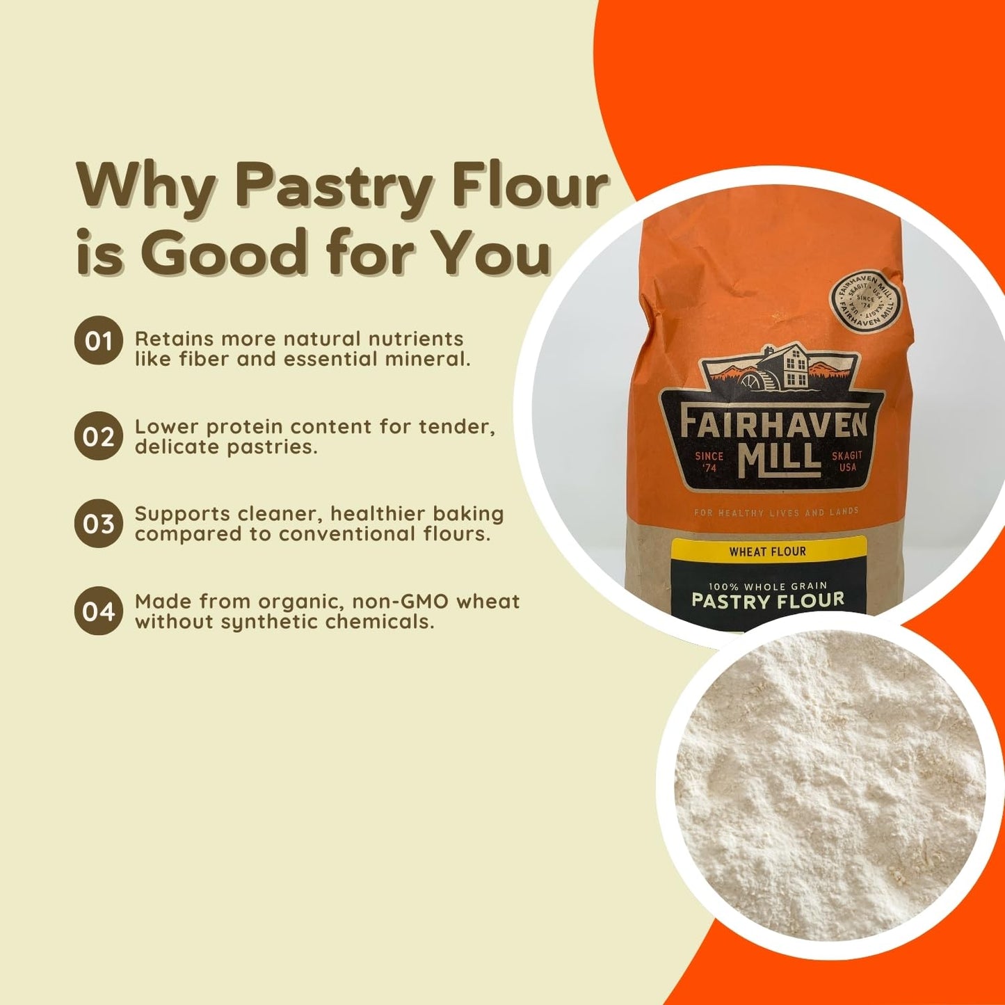 Fairhaven Mill Organic Grain Pastry Flour - USDA Certified Organic and Non-GMO - Low Protein for All Pastry Applications, Cookies, Muffins & Everyday Baking - USA Grown and Milled - 5 lbs Bag