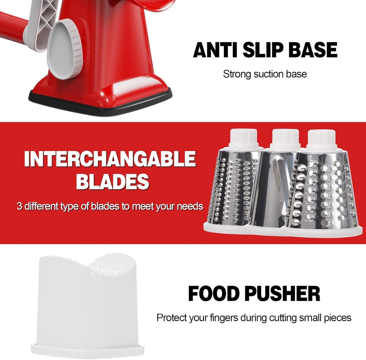 Cheese Grater Cheese Shredder with 3 Interchangeable Blades, Rotary Cheese Grater Manual Vegetable Slicer with Non-slip Suction Base Peanut Nuts Grinder Vegetable Shredder Clear