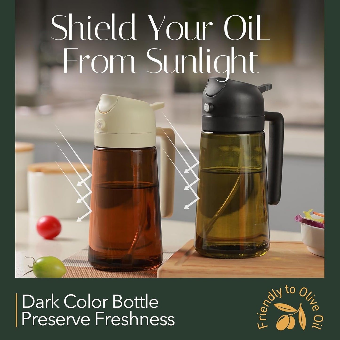 YARRAMATE 2Pcs 16oz/470ml Dark Brown Oil Sprayer for Cooking with Stickers, Food-grade Premium 2 in 1 Olive Oil Dispenser Bottle for Kitchen Gadgets, Air Fryer, Salad, Frying, BBQ (Black&OliveGreen)