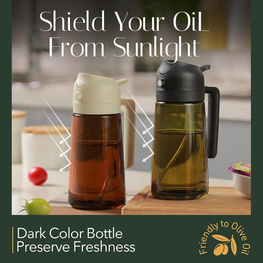 YARRAMATE 16oz/470ml Light Blocking Oil Sprayer for Cooking with Stickers, Food-Grade 2 in 1 Olive Oil Dispenser Bottle for Kitchen, Premium Dark Amber Glass Oil Bottle for Air Fryer, BBQ (Black)