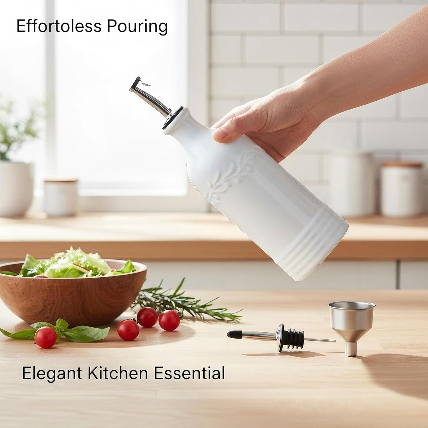 ONEMORE Ceramic Olive Oil Dispenser Bottle with Pour Spouts & Funnel, 17 oz Refillable Kitchen Oil Dispenser for Cooking, Drizzling, Dressing, Modern Leakproof Oil and Vinegar Dispenser, White