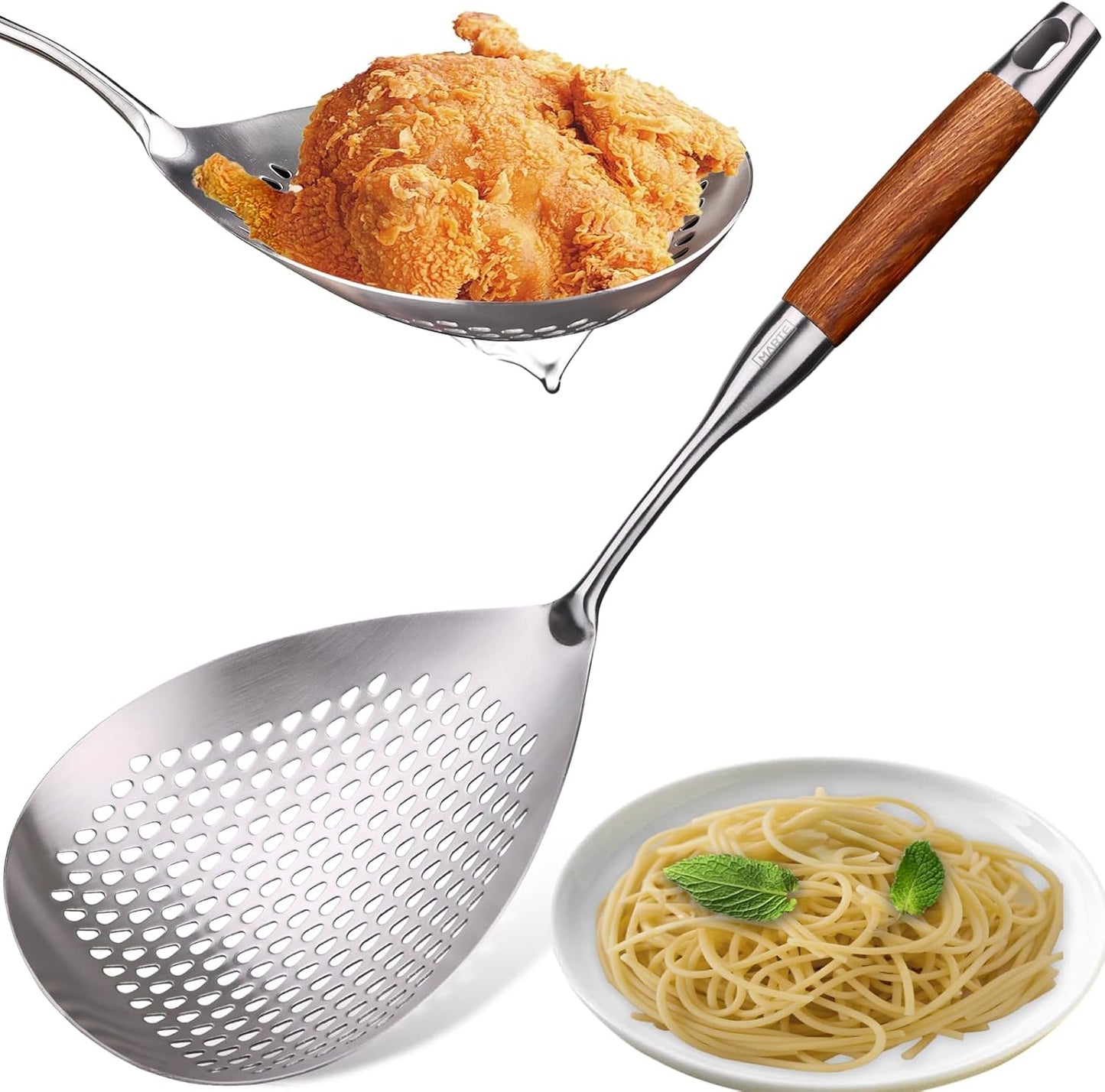 MARTE Skimmer Slotted Spoon Set of 4 - Kitchen Pasta Strainer Spoon - Spider Strainer Skimmer Ladle Spoon with Holder for Cooking and Frying Food, Spaghetti, Vegetable, Dumpling - 14.8In,16.5In,17In