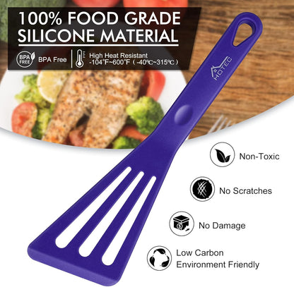 HOTEC 600℉ Heat Resistant Silicone Slotted Fish Turner Spatula Set, BPA Free Flipper Cooking Spatulas, for Non Stick Cookware Dishwasher Safe, Black