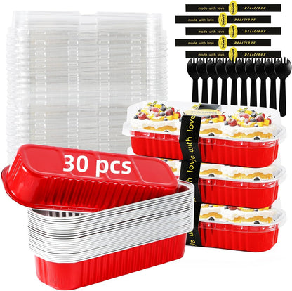 Mini Loaf Pans with Lids and Spoons Sealing Sticker,30 Pcs 6.8oz Cake Pans for Baking Disposable Aluminum Foil Christmas Cake Pan (30 PCS GOLD)