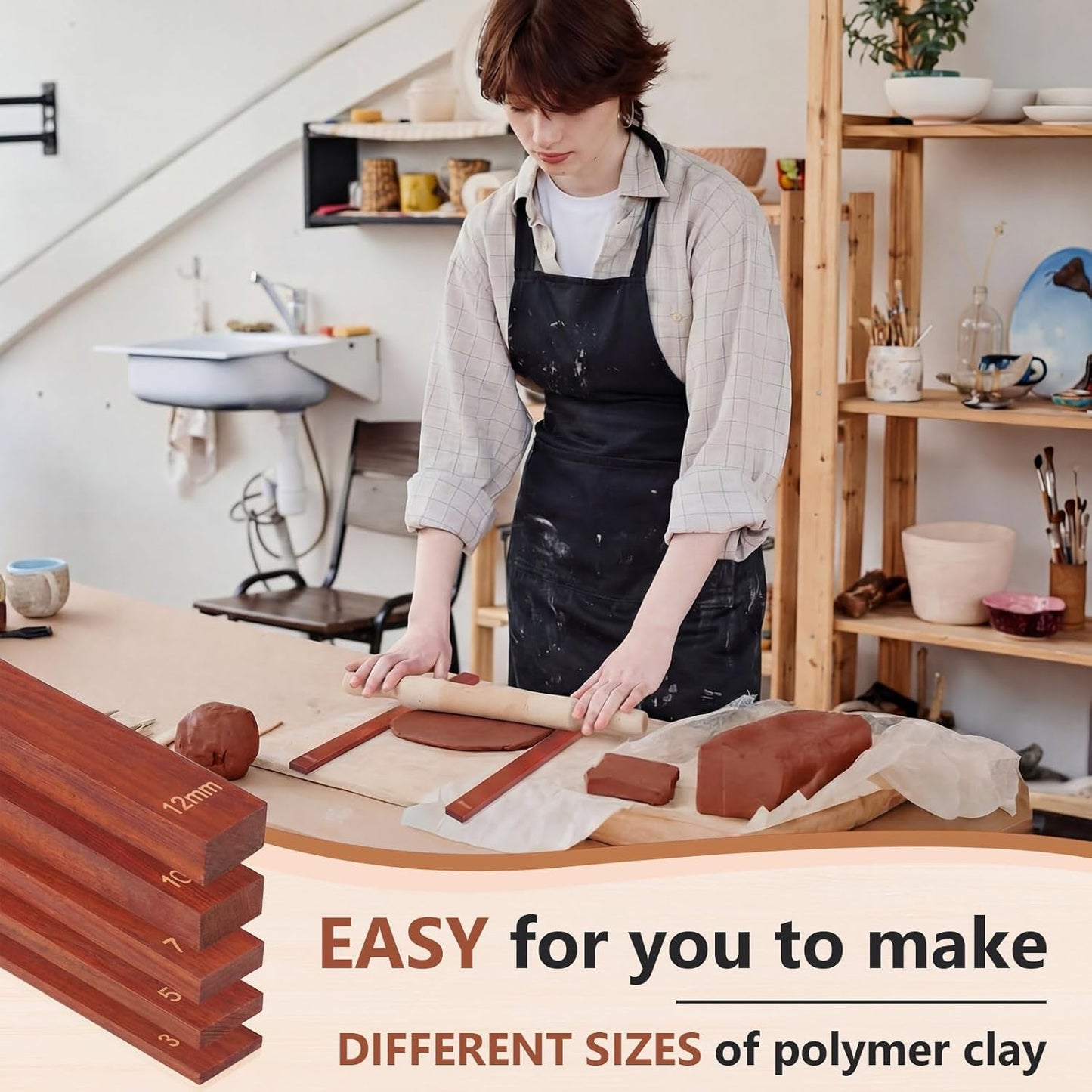 Sasylvia 10 Pcs Pottery Rolling Pin Guides Wood Teaching Rolling Mud Stick Guide Set Polymer Clay Depth Guide Pottery Tools Clay Mudboard Tools (5 Size,Wood Color)