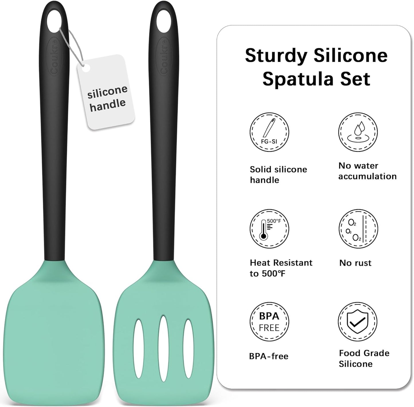 Coukre 2 Pack Silicone Spatula Set, High Heat Resistant, BPA Free Kitchen Spatula, Solid & Slotted Turner for Non-Stick Pans, Sautéing, and Flipping (2, PureBlack)