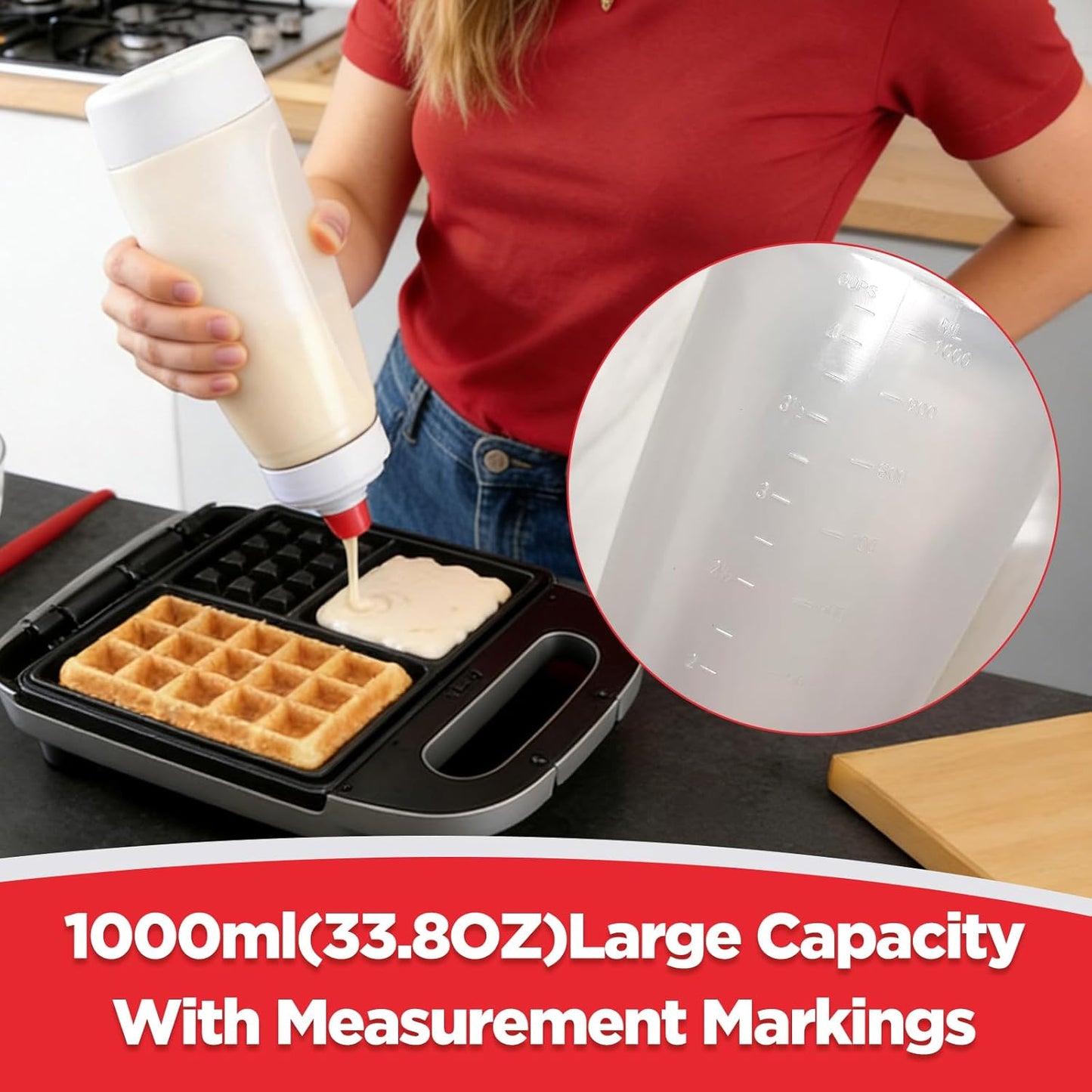 2-Pack Batter Dispenser with Whisk Ball, 1000ml Leak-Proof Squeeze Bottle with Stand for Pancakes, Waffles, Cupcakes & Crepes(PD-01)