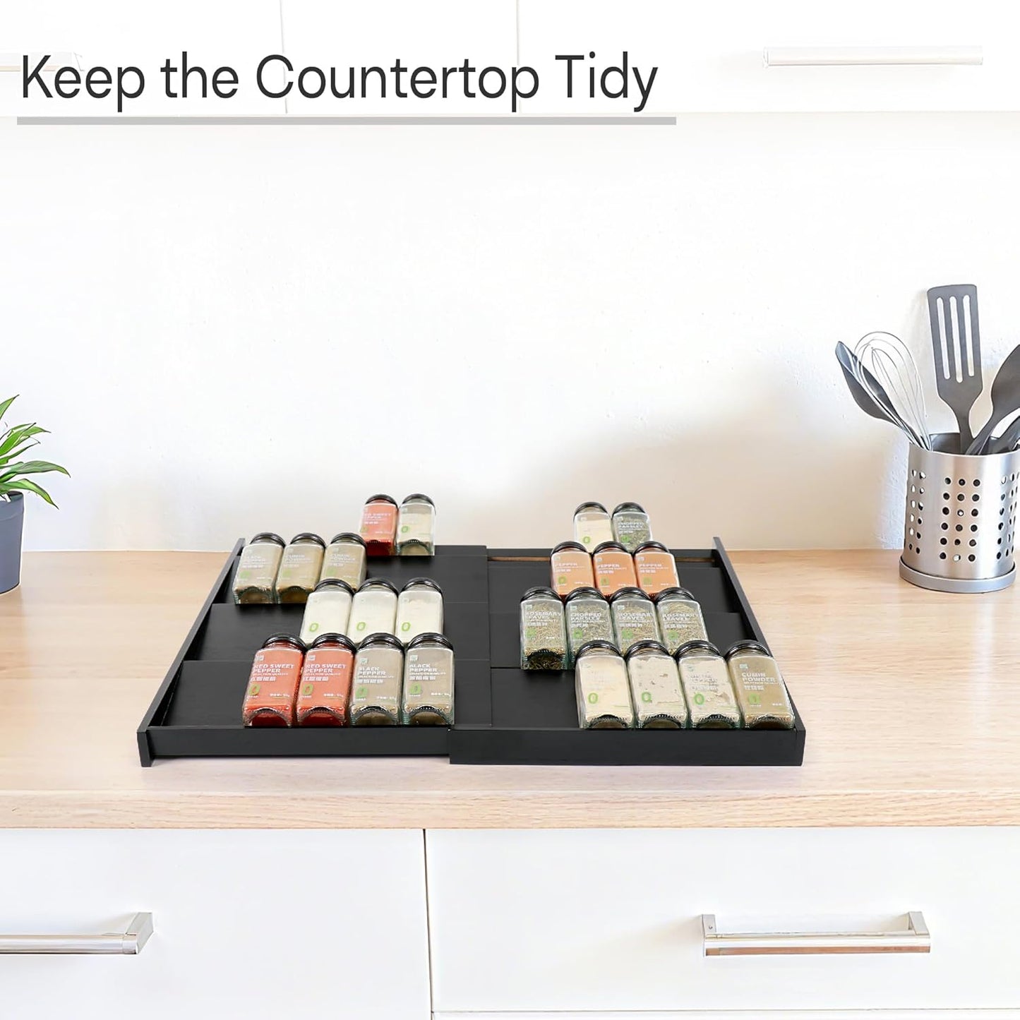 Bamboo Spice Drawer Organizer, (Need 3.1” Deep Drawer) Expandable 4 Tier Spice Rack for Cabinet (From 12" to 23" Wide), Seasoning Storage Insert, Spice Organizer for Drawer,Jars Not Included