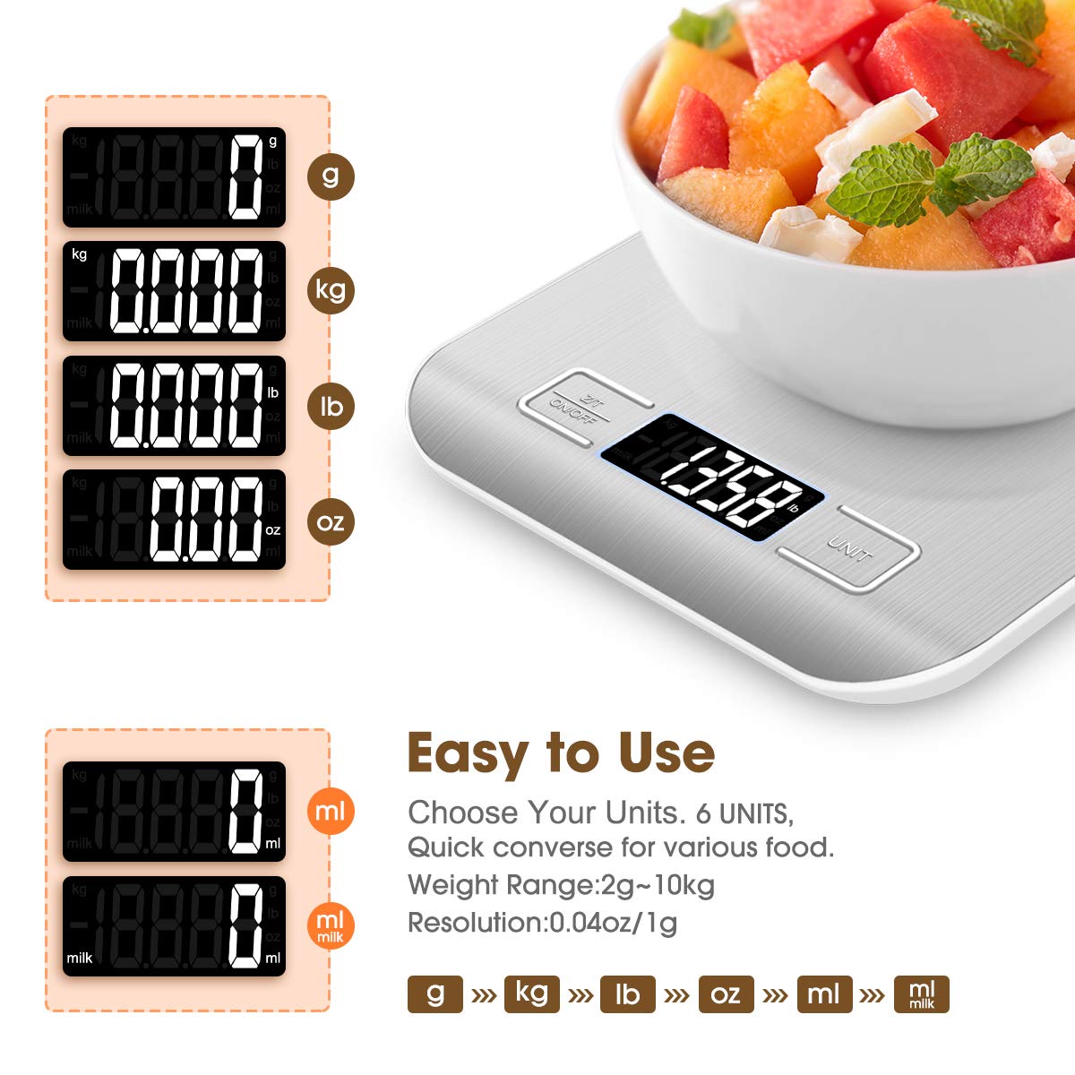 Mik-Nana Food Scale Pink, 10kg/22lb Digital Kitchen Scale Weight Grams and Oz for Baking and Cooking, 1g/0.1oz Precise Graduation, Easy Clean Stainless Steel