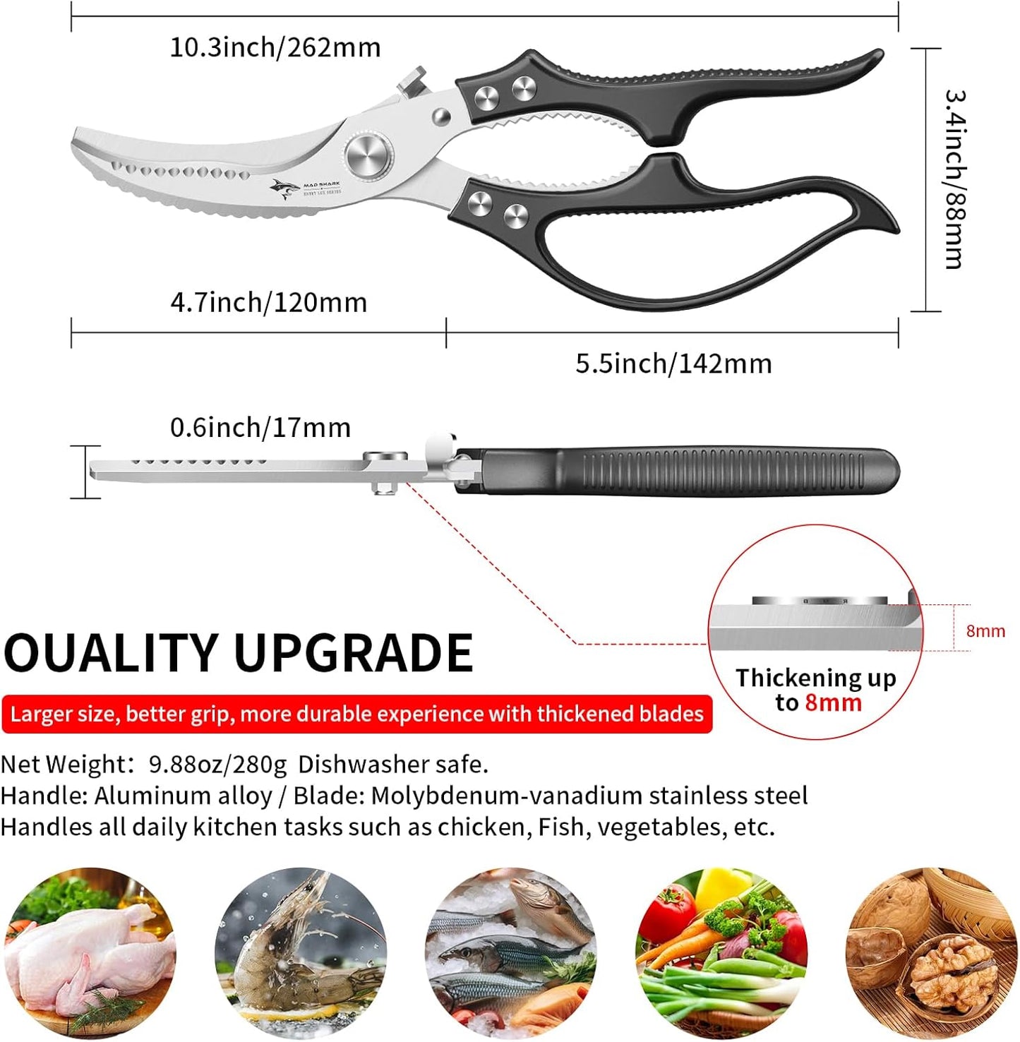 MAD SHARK Heavy Duty Poultry Shears, Kitchen Shears with Non-Slip Handle & Safety Lock, All Purpose Kitchen Scissors for Chicken, Meat Cutting, Turkey, Fish, Vegetables, Spring Loaded, Dishwasher Safe