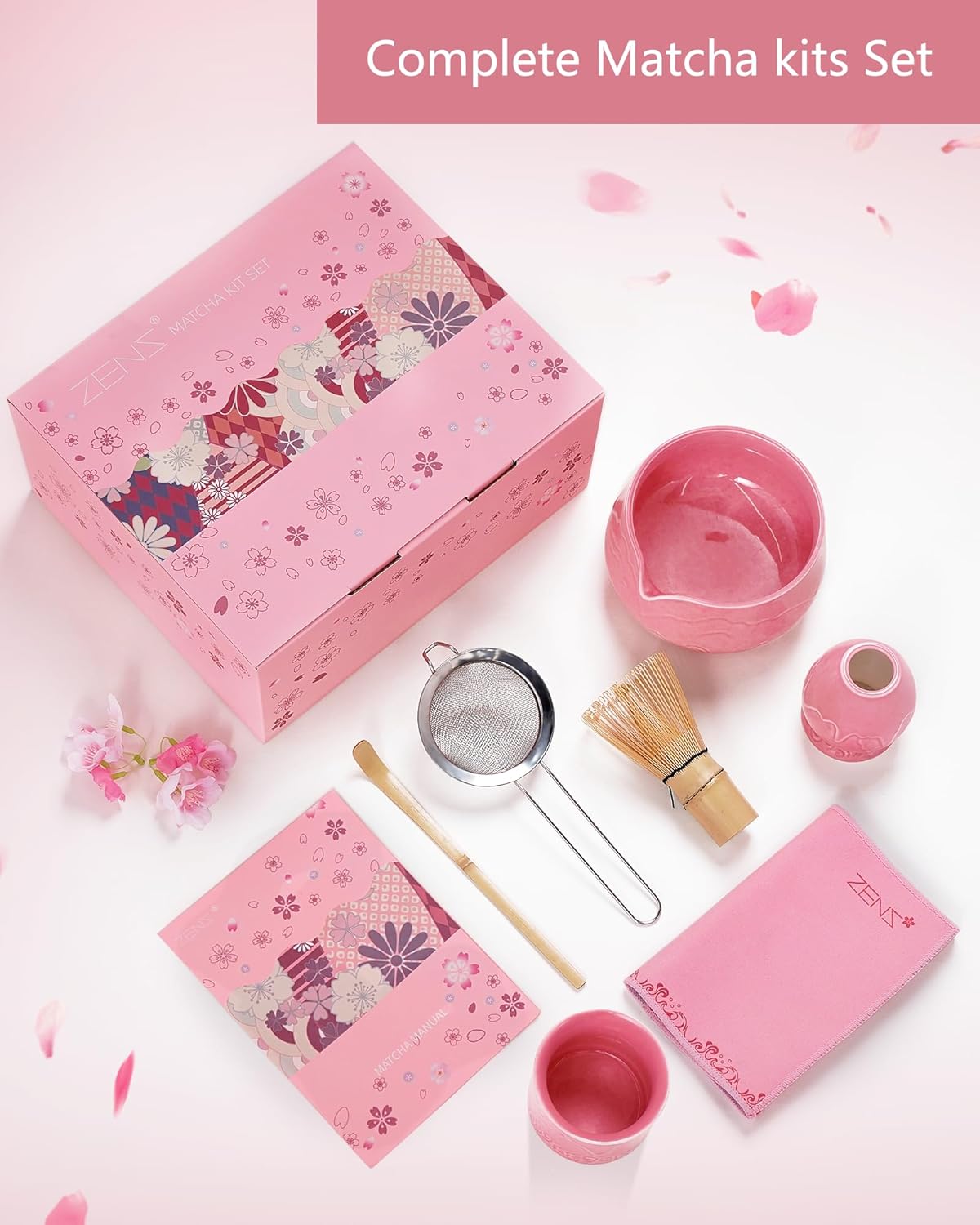 ZENS Pink Matcha Set, Matcha Whisk Set Includes 15oz Ceramic Bowl & (Chasen Holder), Bamboo Whisk & Scoop, Sifter and Pink Tea Towel, 6pcs Matcha Kit for Matcha Lovers