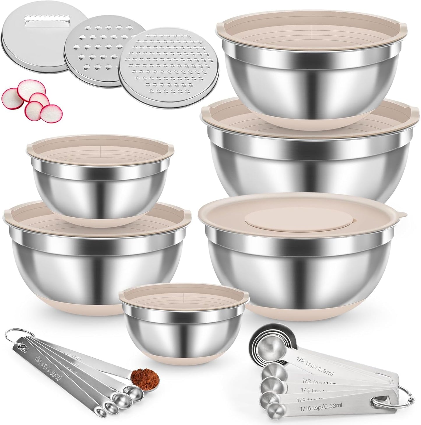 31PCS Mixing Bowls with Lids Set, 5.5QT to 0.6QT Stainless Steel Nesting Bowls with Graters, Large Khaki Bowls & 21 Measuring Cups and Spoons Set Kitchen Appliances for Mixing, Baking, Food Storage