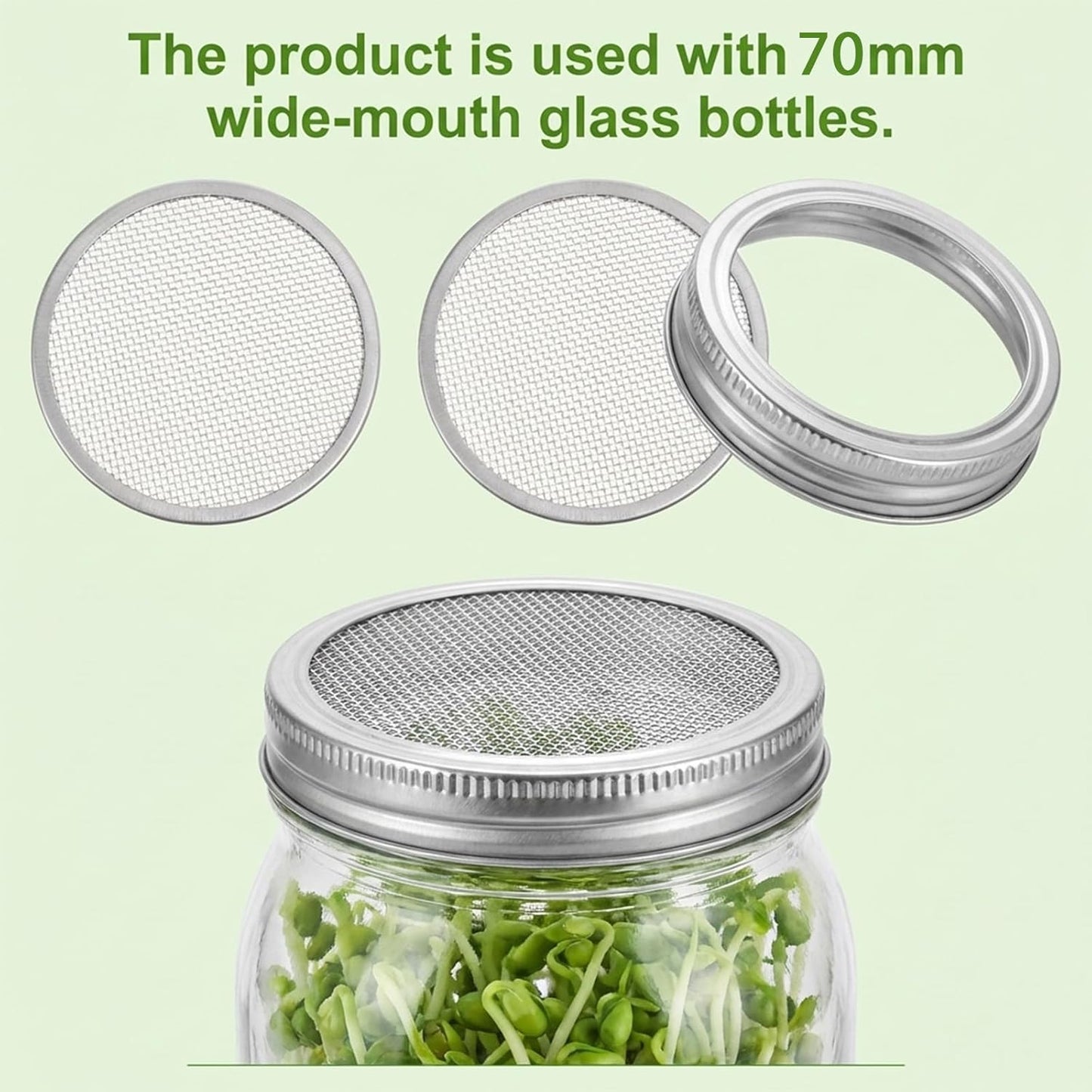 12 Pcs Sprouting Lids for Mason Jars 70mm Regular Mouth, Stainless Steel Screen Filter Strainer Lid Bean Sprout Sieve Mesh Lids for Bean, Alfalfa, Broccoli