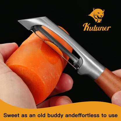 Serrated Blade Premium I Type 304 Stainless Steel Multifunctional Kitchen Peeler Real Wood Handle Ultra Sharp Blade Vegetable Potato Apple（Agarwood）