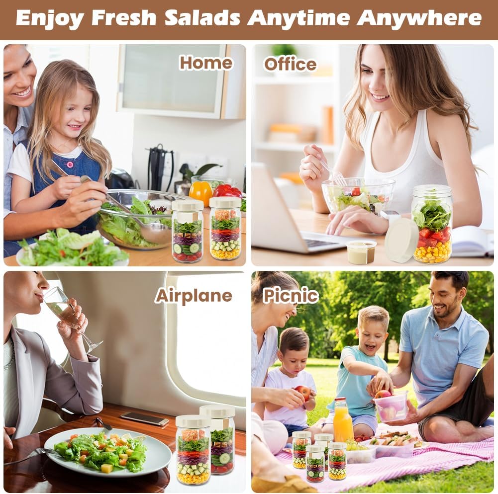 4 Pack Glass Salad Jars with Lids Meal Prep, 32oz Leakproof Mason Jar Salad Container for Lunch With 2pcs Brushes, Two Small Separate Compartments for Dressing and Dry Ingredients