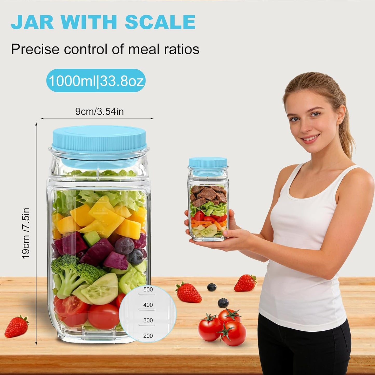 FNHMSL Side-Opening Mason Salad Jar, Portable (35 oZ) 1000ml Salad Container with Leakproof Dressing Cup, Includes Spoon and Cleaning Brush, Perfect for Meal Prep, Gym, Office, Picnic and Travel