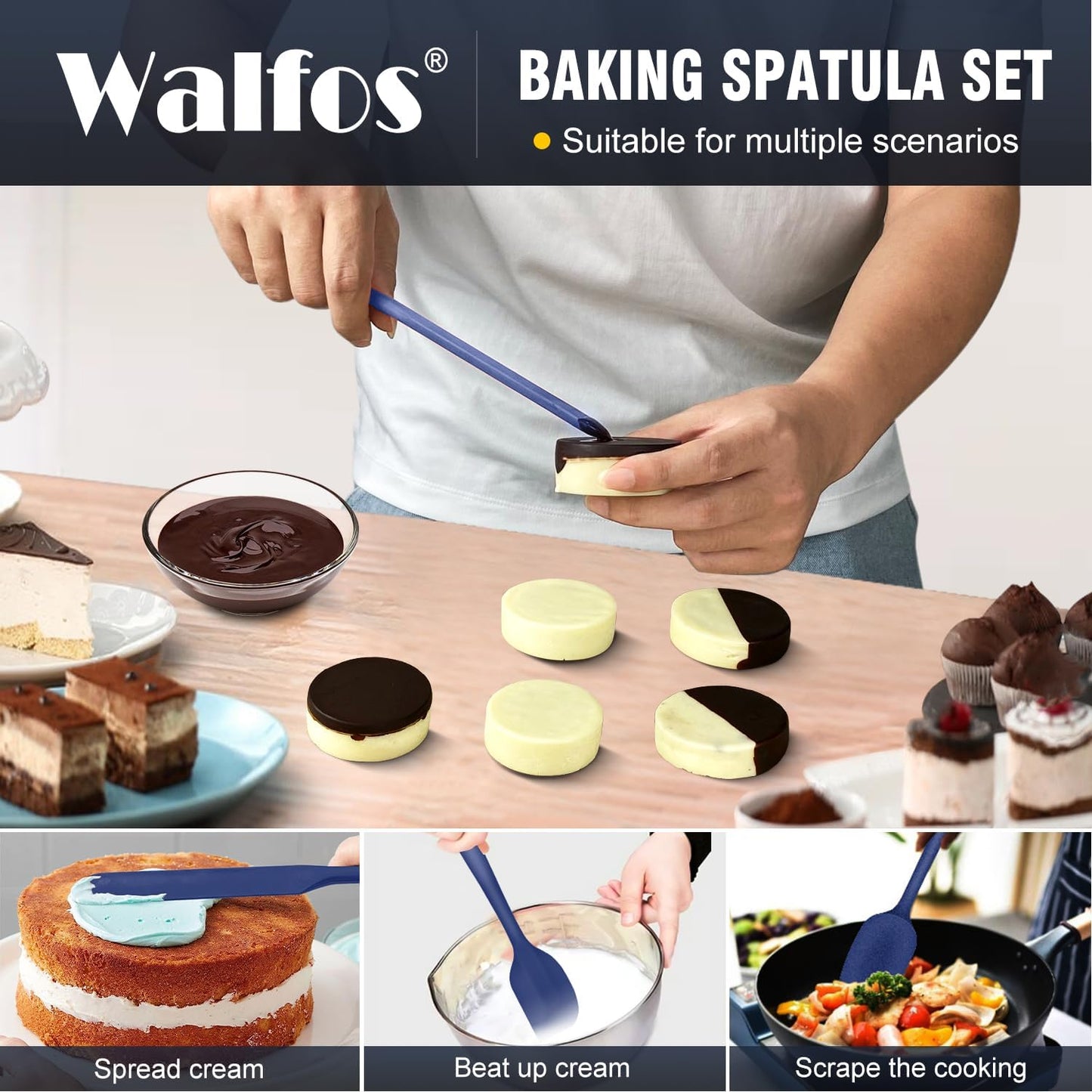 Walfos Silicone Spatula Set of 5 - (600°F) High Heat Resistant Kitchen Scraper Spatulas, One-Pieces Seamless Design, Perfect for Cooking Mixing & Baking - BPA Free and Dishwasher Safe,black