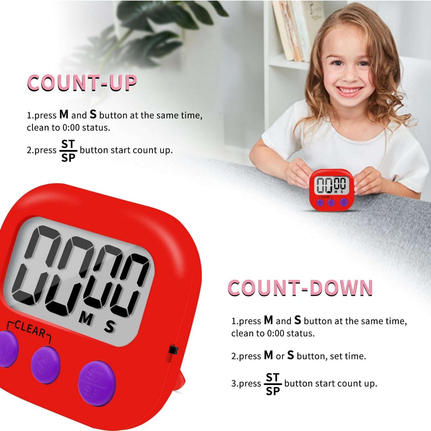 6 Pack Small Digital Kitchen Timer Magnetic Back and ON/Off Switch,Minute Second Count Up Countdown (Red)