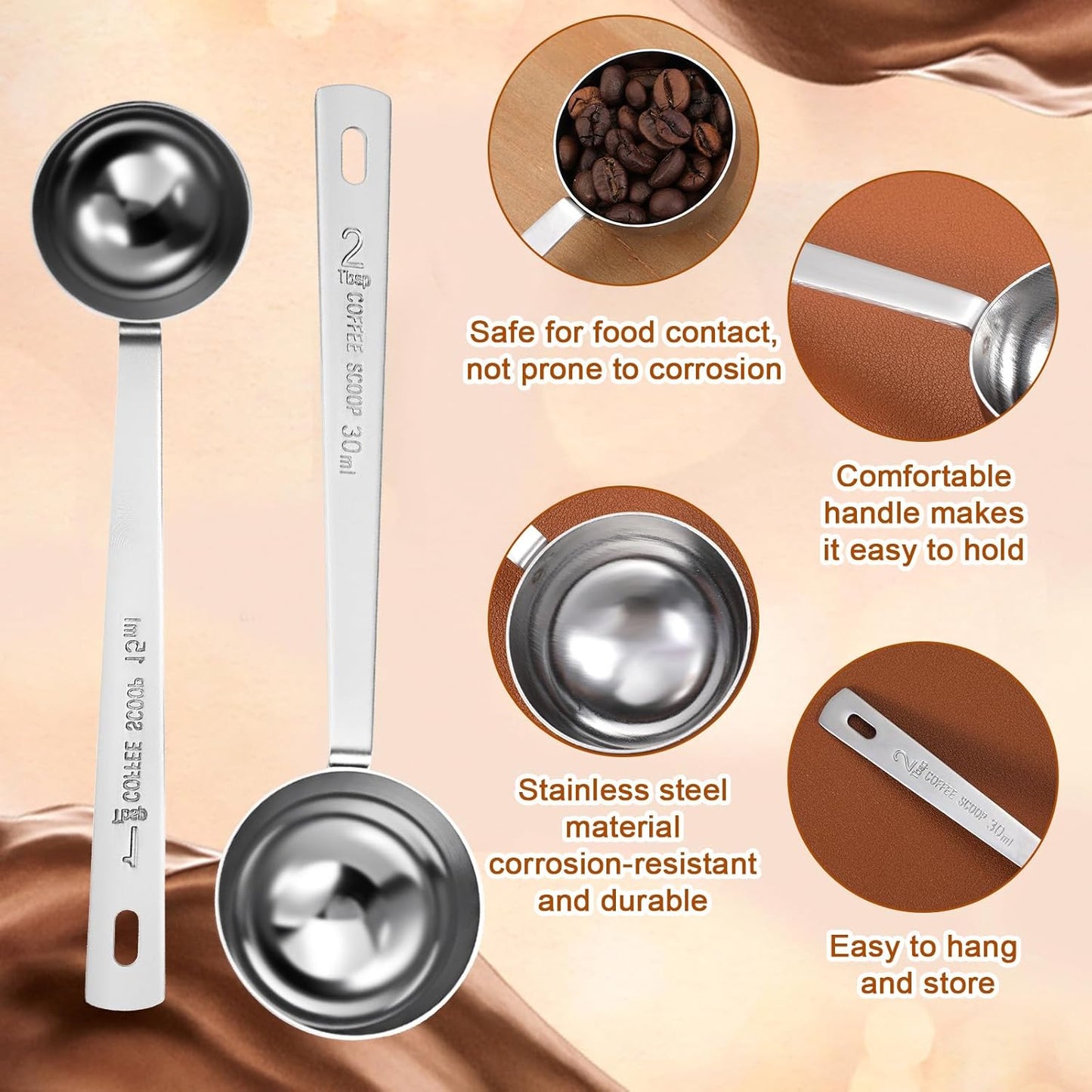 2Pcs Coffee Scoop,Long Handle Measuring Spoon15 Ml and 30 Ml Stainless Steel Coffee Scoop Set for Latte Beans Ground Espresso Espresso Protein Powders Tea Sugar
