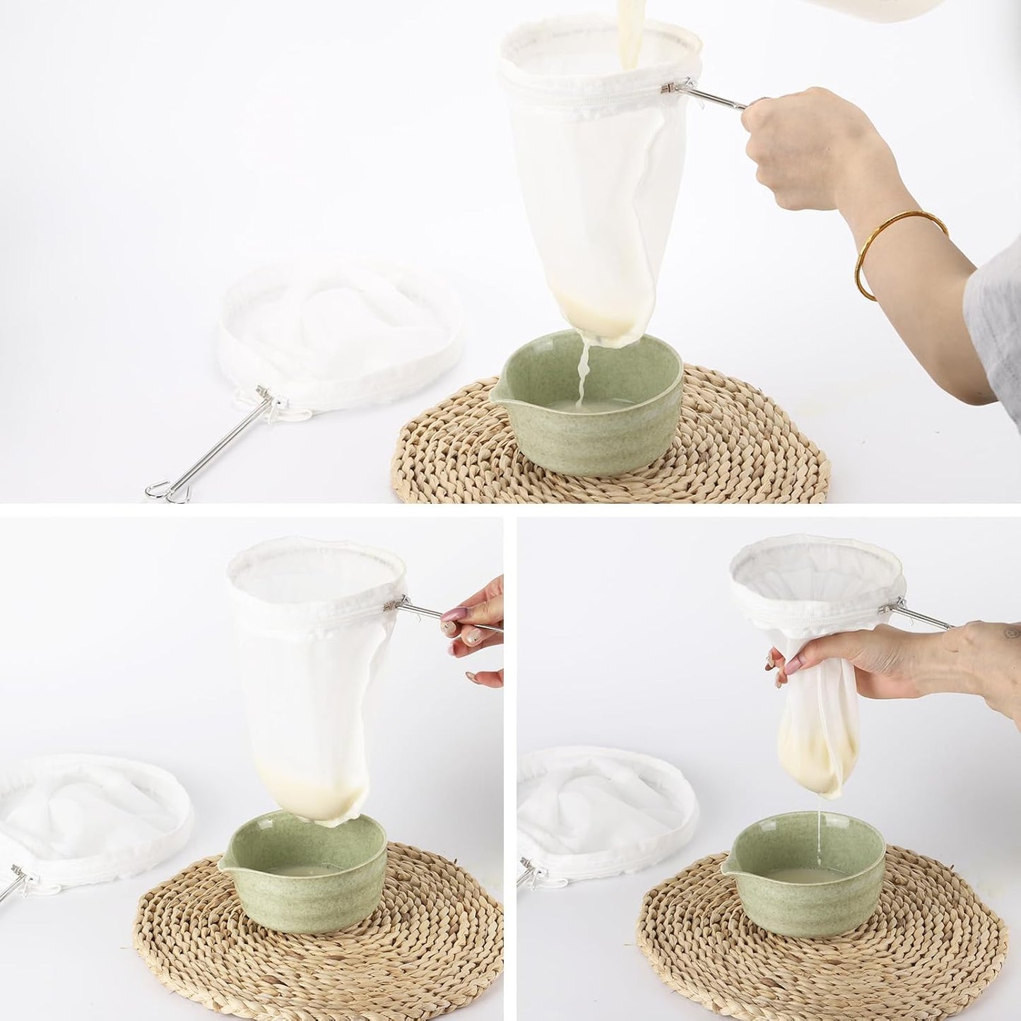 Ultra Fine Mesh Strainer Bags, 6 Pcs Reusable Mesh Filter Bags with 2 Pcs Stainless Steel Handle Frame for Filter NutMilk, Coffee, Milk, Butter, Juices and Fresh Cheese