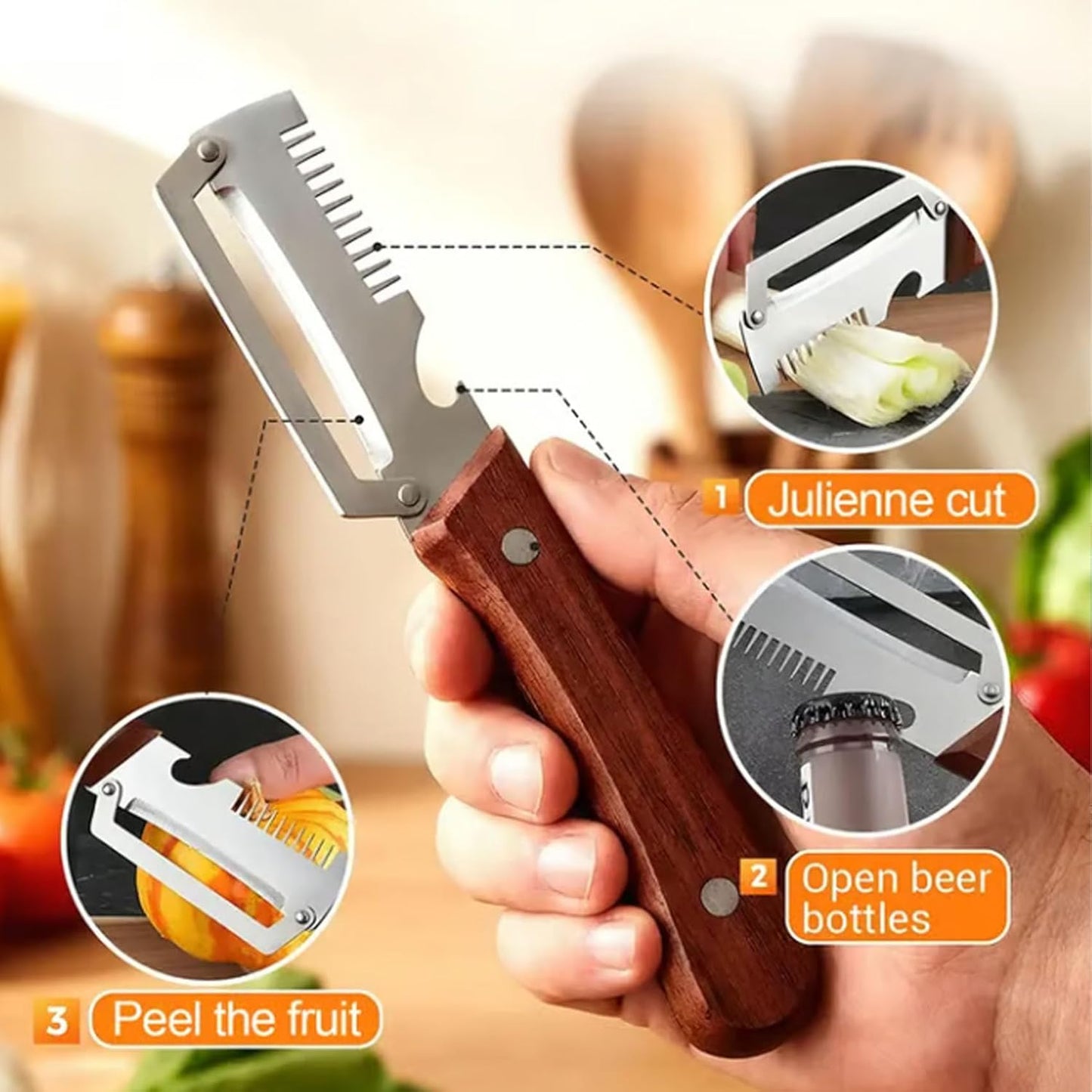 3 in 1 Premium Heavy Duty Stainless Steel Peeler - 2026 New 0 Snag Wooden Peeler for Kitchen - Multifunctional Vegetable Peeler with Bottle Opener & Serrated Blade - Fruit & Potato Peeling Tool (A+B)