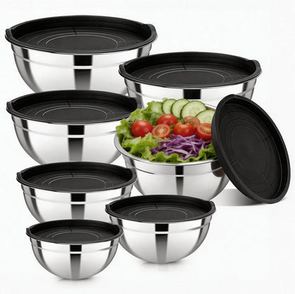 Stainless Steel Mixing Bowls with Lids Set, 7 Pcs Nesting Design Metal Mixing Bowls Salad Bowl for Mixing, Prepping and Serving Food(Size4.5-0.7QT)