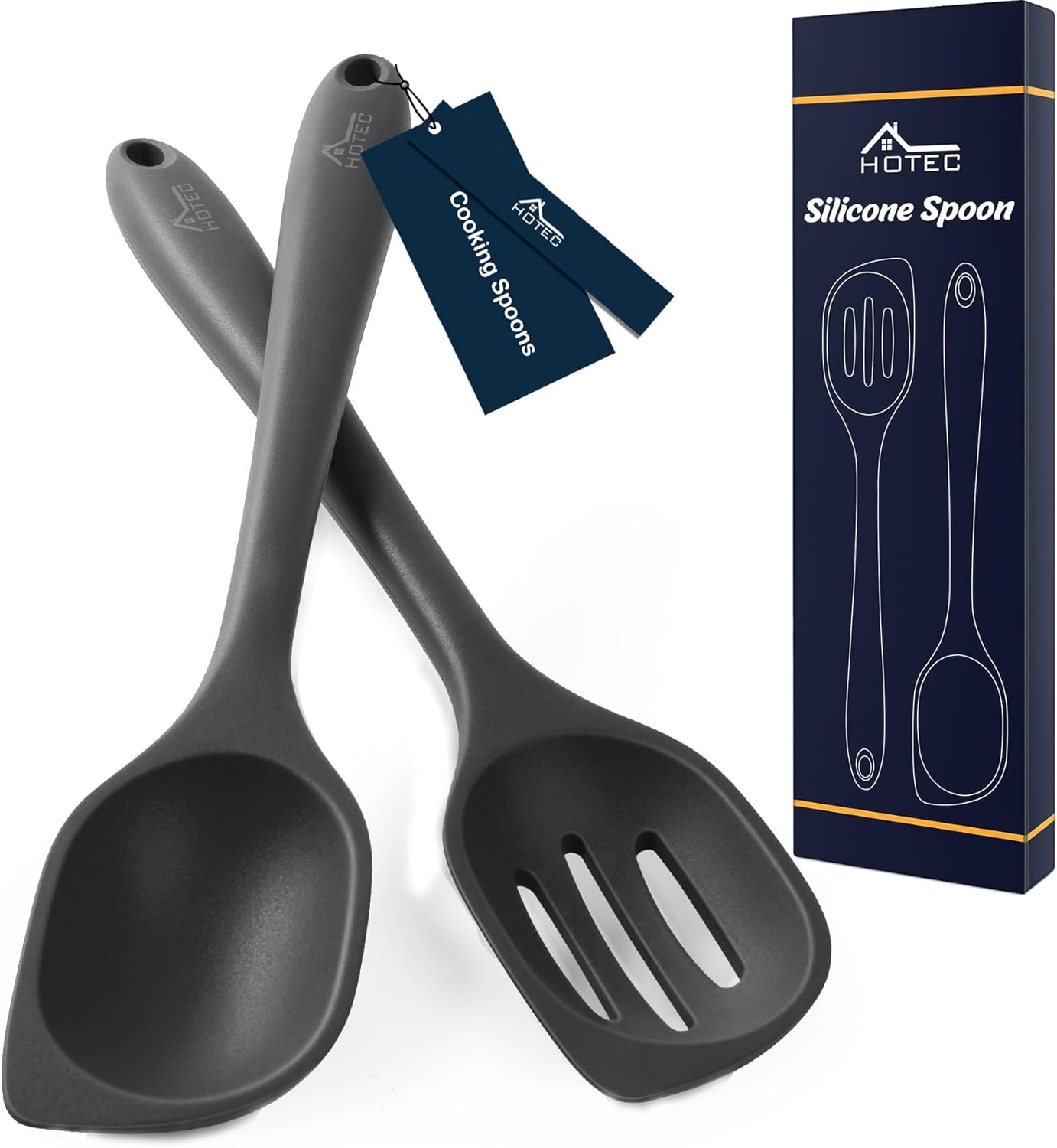 HOTEC 446°F Heat Resistant Silicone Cooking Spoon Spatula, BPA Free Large Kitchen Solid and Slotted Spoons for Mixing, Serving, Scraping, Non-stick, Dishwasher Safe Classic Blue 12.5inch