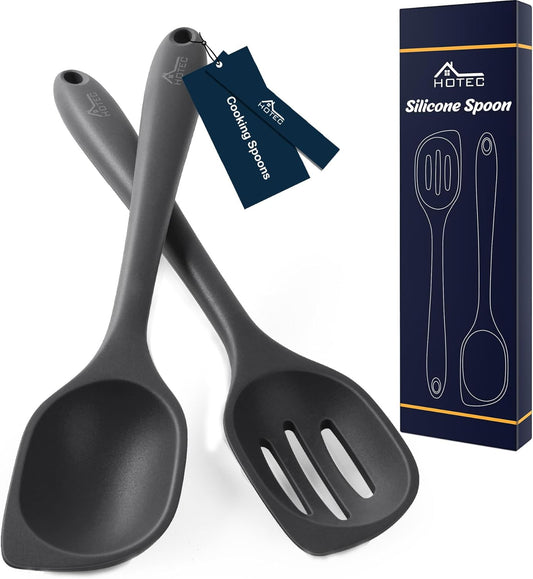 HOTEC 446°F Heat Resistant Silicone Cooking Spoon Spatula, BPA Free Large Kitchen Solid and Slotted Spoons for Mixing, Serving, Scraping, Non-stick, Dishwasher Safe Classic Blue 12.5inch