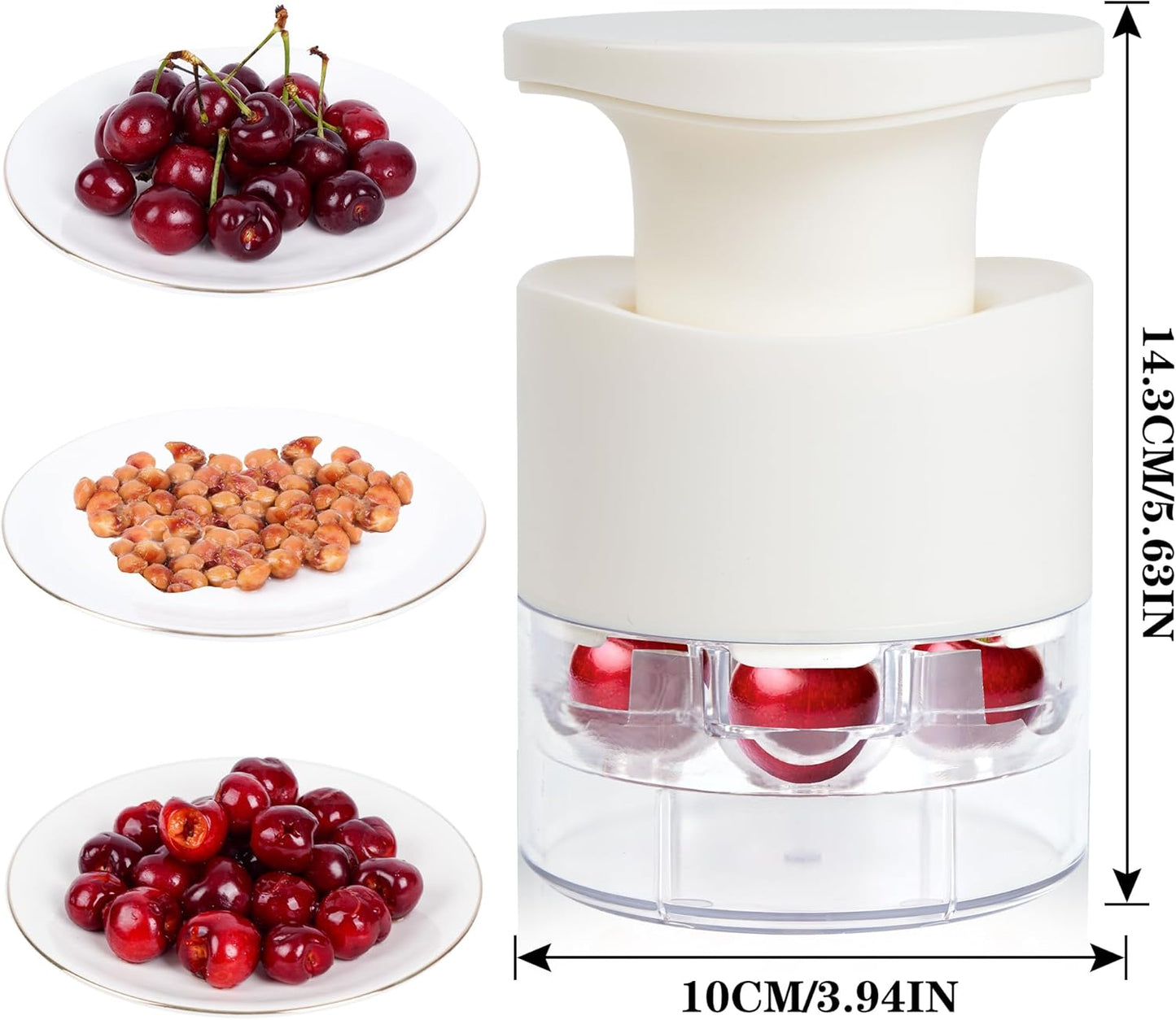 Cherry Pitter, 7-Hole Long Plunger Push Button Cherry Core Remover Tool with Splatter Protector, Quickly Pitting Cherries for Making Jam, Pies (White)