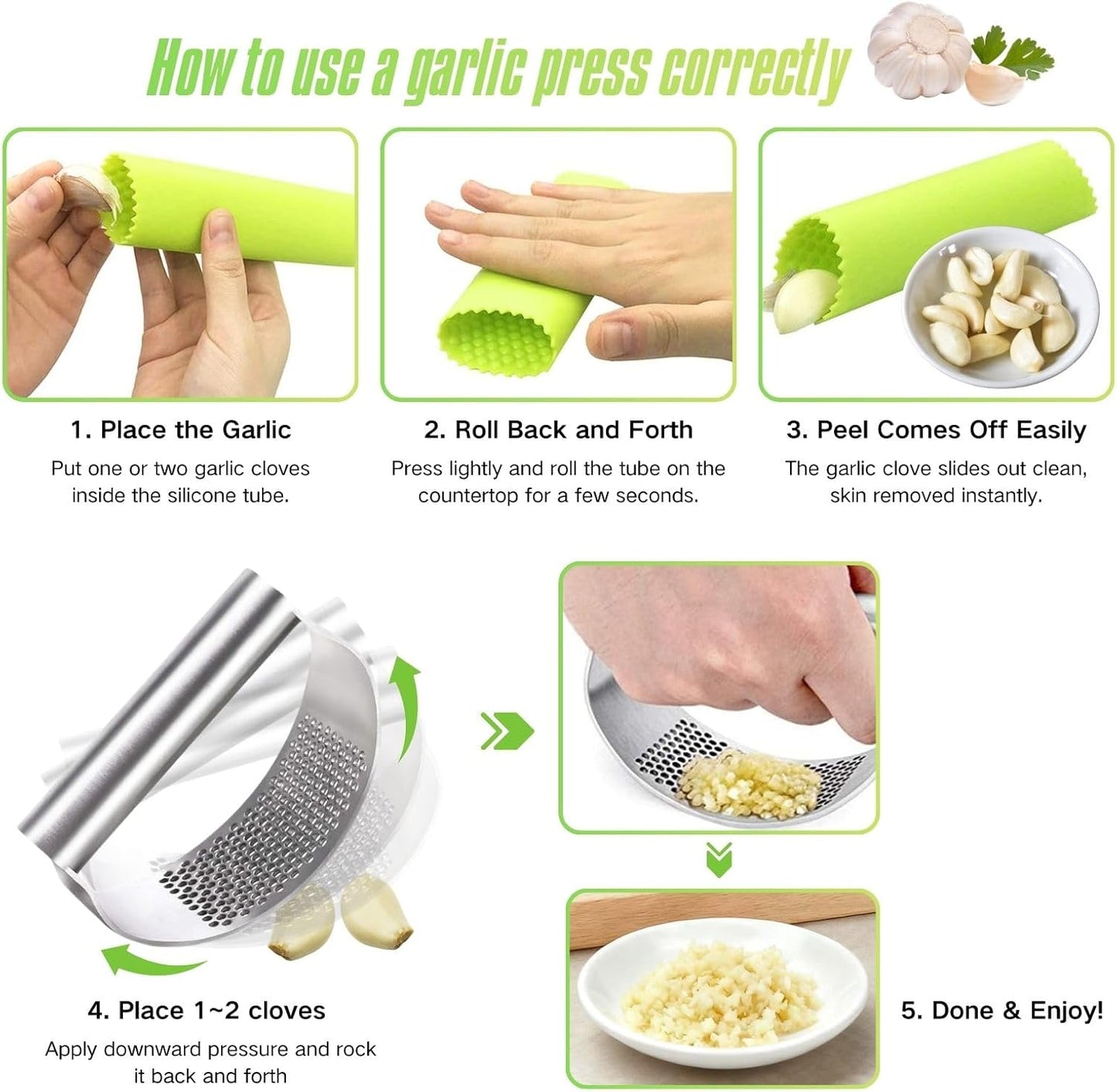 Garlic Press Rocker 304 Stainless Steel Garlic Mincer & Crusher with Silicone Peeler and Cleaning Brush, Ergonomic Dishwasher Safe Garlic Chopper Kitchen Gadget for Seniors & Home Cooks