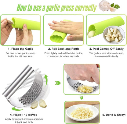 Garlic Press Rocker 304 Stainless Steel Garlic Mincer Crusher Easy to Clean Dishwasher Safe Textured End for Light Tenderizing, with Silicone Peeler and Cleaning Brush (Pink)