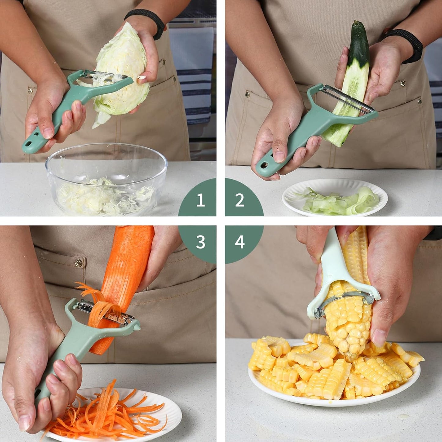 3 in 1 Multifunction Julienne Peeler, Stainless Steel Vegetable Slicer Tools, Corn Peeler & Grater Set, Household Portable Vegetable Julienne Peeler for Potato, Carrot, Cucumber, Cabbage, Beige