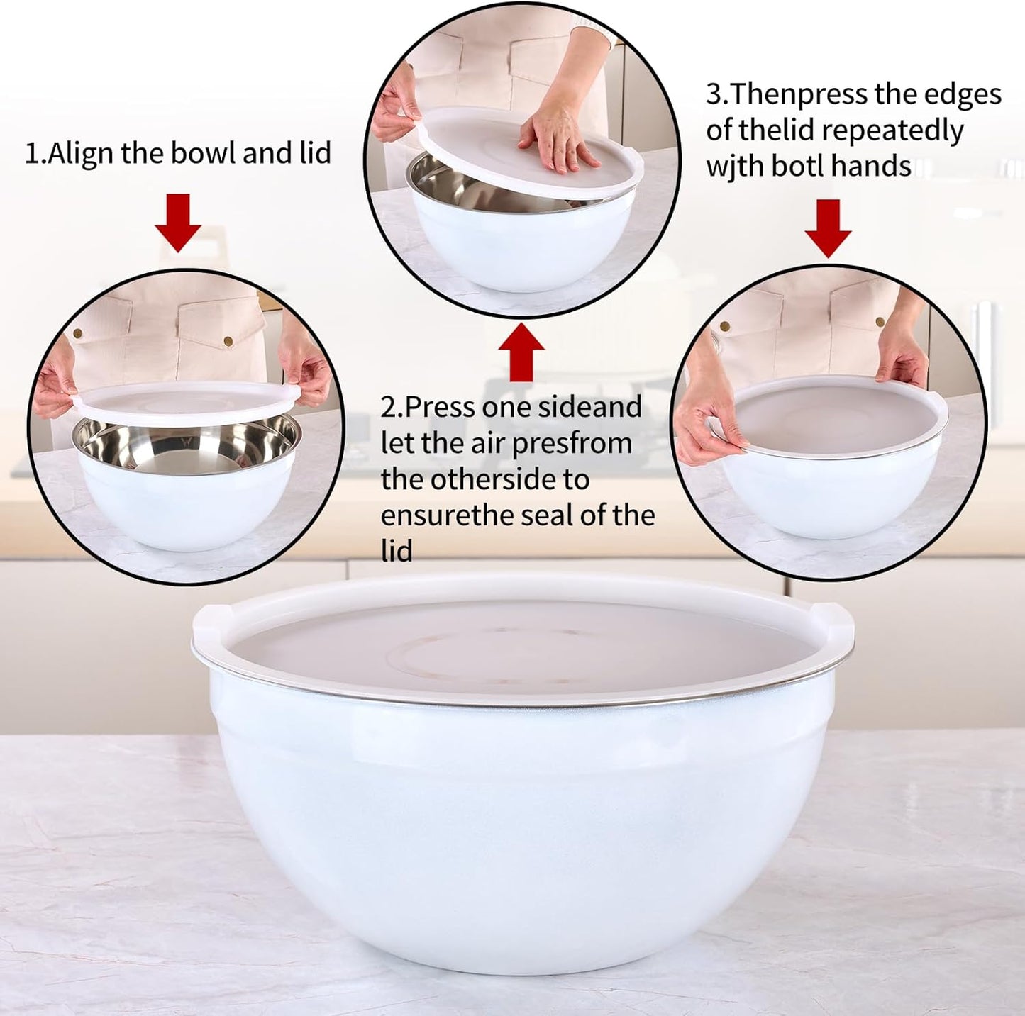 Red Mixing Bowls with Lids Set of 7, Stainless Steel Nesting Bowl with Khaki Lid for Non-slip Mixing Prepping Storing Serving, 7 Sizes-7/3.6/2.7/2.1/1.5/1/0.8 QT