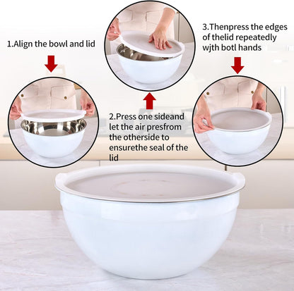 Red Mixing Bowls with Lids Set of 7, Stainless Steel Nesting Bowl with Khaki Lid for Non-slip Mixing Prepping Storing Serving, 7 Sizes-7/3.6/2.7/2.1/1.5/1/0.8 QT