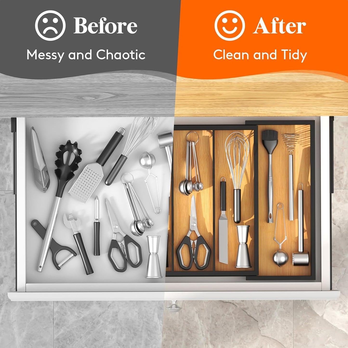 Lifewit Utensil Organizer for Kitchen Drawer, Expandable Cooking Utensil Tray, Cutlery Silverware Flatware Holder, Wood Adjustable Spatula Tools Storage Divider, 8.9-15.8 x 15.75, Natural
