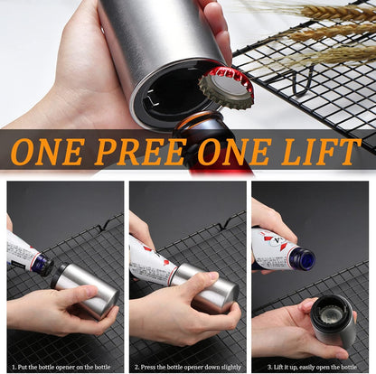 2PCS Pop-the-Top Beer Bottle Opener, Metal Automatic Magnetic Glass Bottle Cap Openers, Wine Bartender Tool Cap Catcher for Bar, Party, Wine Ceremony, Restaurant Household Utensils, Easy to Use-Silver