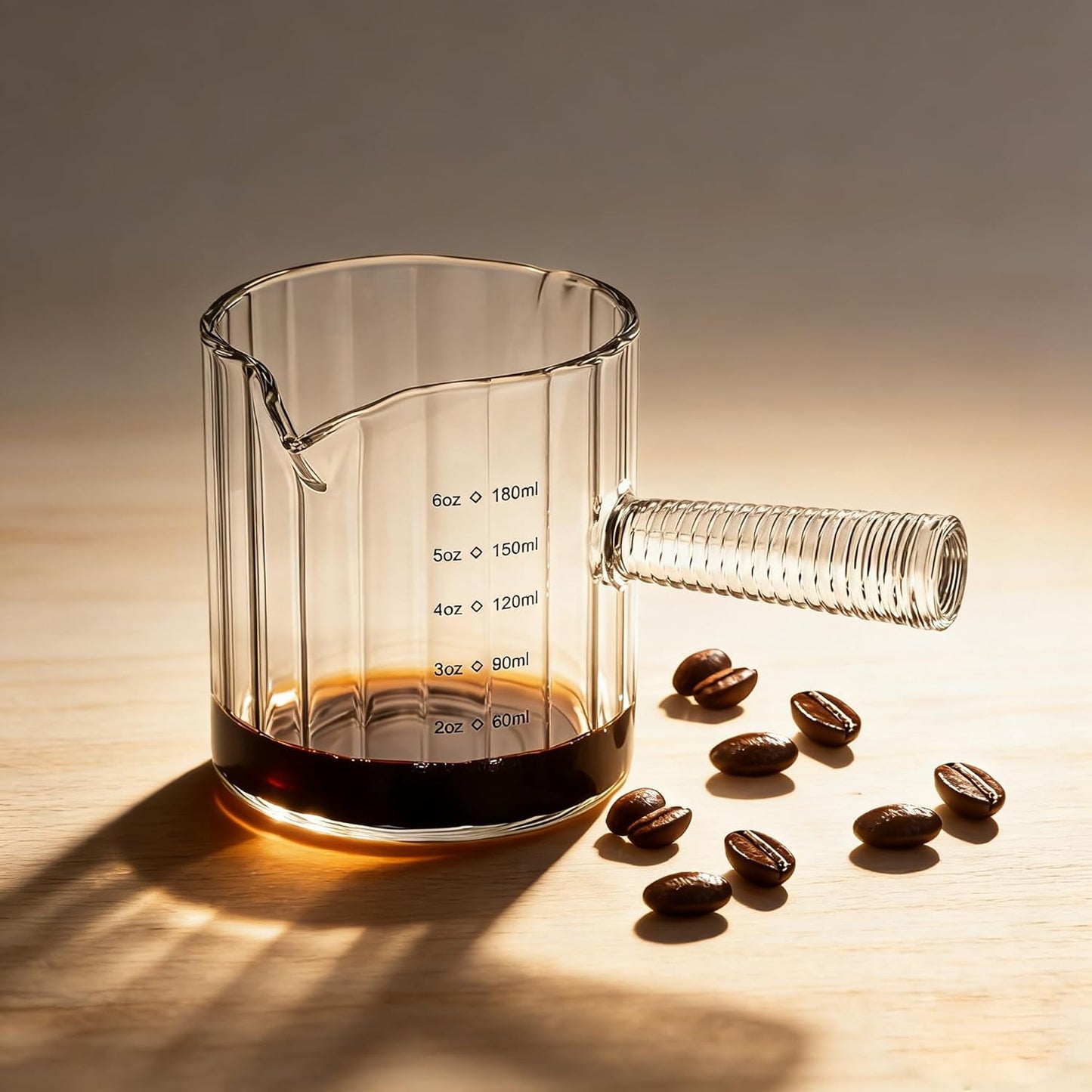 Glass Espresso Cup 6 OZ, Double Shots Measuring Cup with Glass Handle for Dishwasher Safe, Double V-Shaped Spout Milk Frothing Pitcher, Espresso Accessories for Machine, Demitasse Cups (Clear)