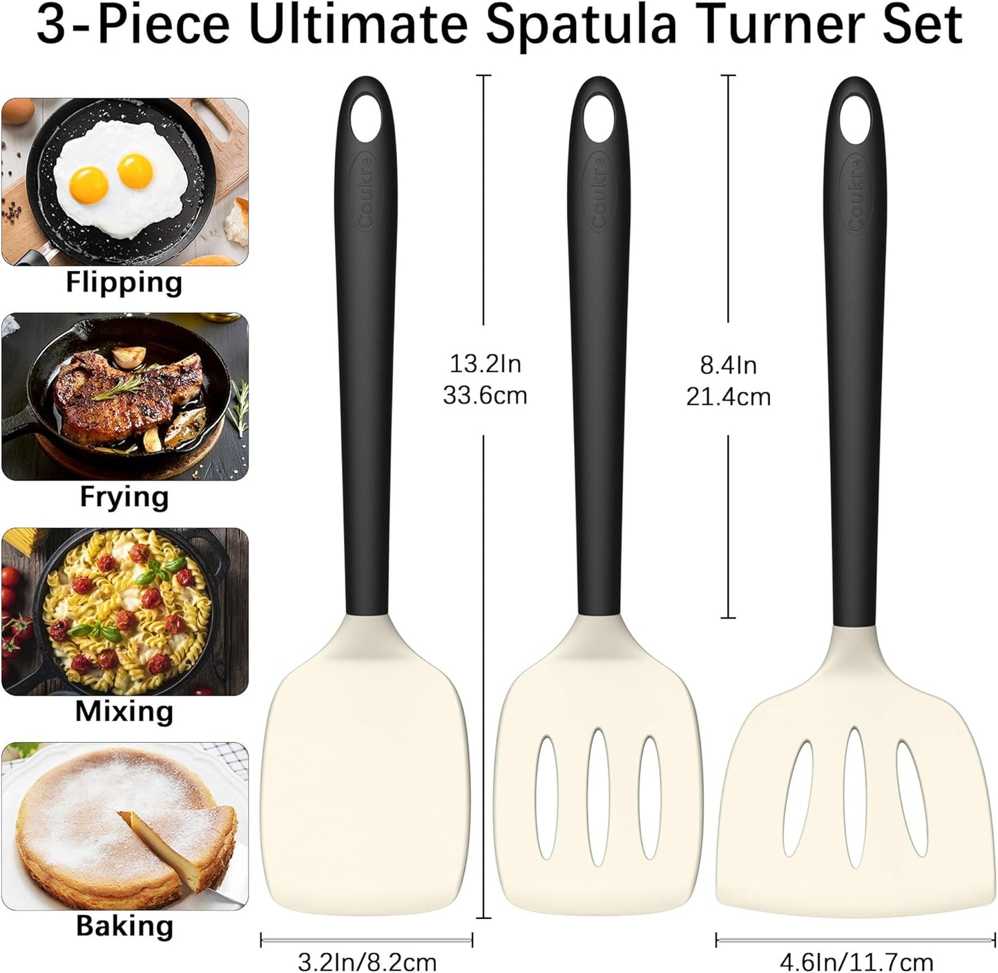 Coukre 3 Pack Silicone Spatula Set, High Heat Resistant, BPA-Free, Fish Spatula, Solid & Slotted Turner for Non-Stick Pans, Flipping Eggs, Pancakes, Fish, Burgers (3, PureBlack)