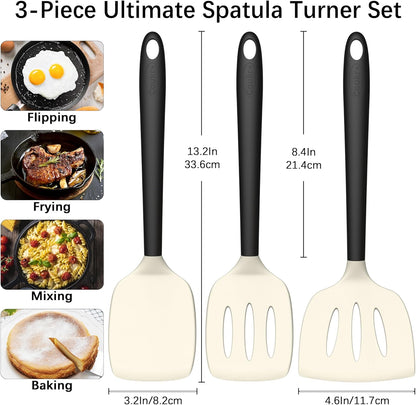 Coukre 3 Pack Silicone Spatula Set, High Heat Resistant, BPA-Free, Fish Spatula, Solid & Slotted Turner for Non-Stick Pans, Flipping Eggs, Pancakes, Fish, Burgers (3, PureBlack)
